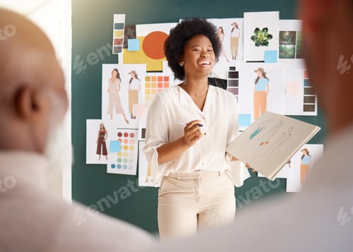 Preview: Fashion designer, woman presentation and meeting business proposal, entrepreneur opportunity or por