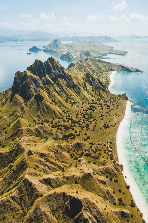 Preview: Aerial vertical view of Padar island in Komodo National Park, Indonesia. Drone shot, top view. Mount
