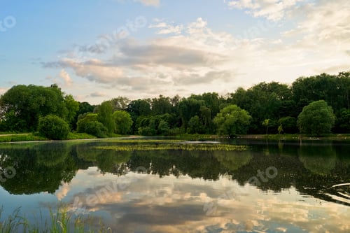 Preview: Nature landscape with lake and trees on sunset light.