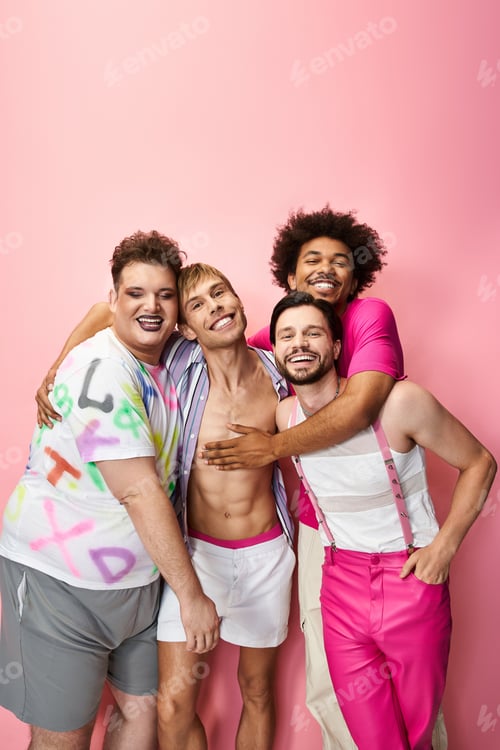 Preview: Celebrating pride and courage in a vibrant LGBTQ gathering with friends against a pink backdrop