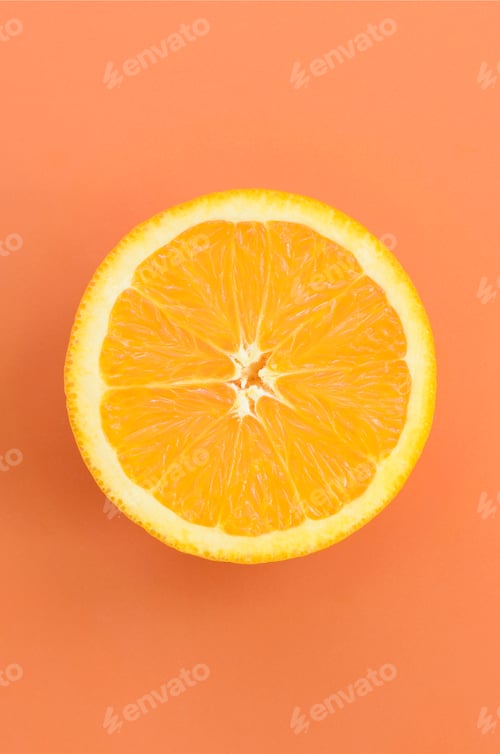 Preview: Top view of a one orange fruit slice on bright background in orange color