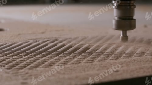 Preview: Engraving machine carving wood board. Creative. Automatic machine cutting wooden surface and
