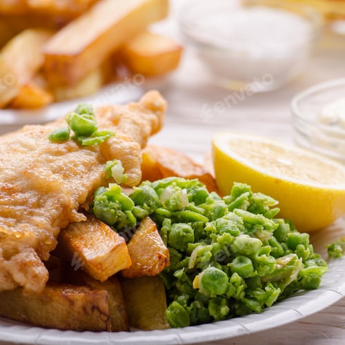 Preview: Traditional British street food fish and chips with tartar sauce