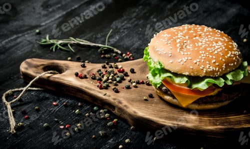 Preview: hamburger on a wooden Board.