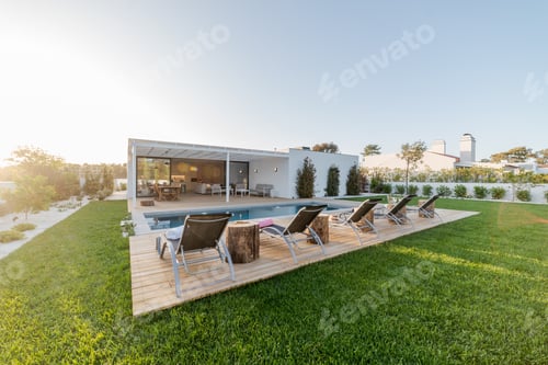 Preview: Modern house with garden swimming pool and wooden deck