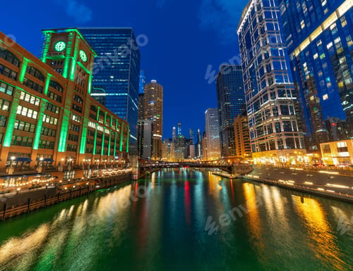 Preview: Scene of Chicago riverwalk cityscape at the twilight time, USA downtown skyline