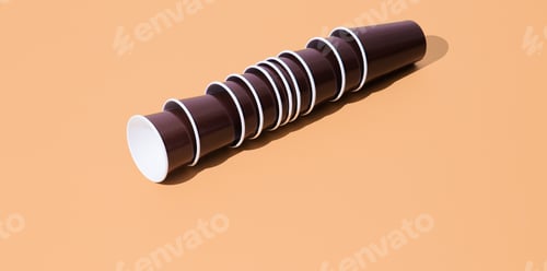 Preview: Coffee plastic cups in isometric on beige background. Minimal. Still life art. Plastic free concept