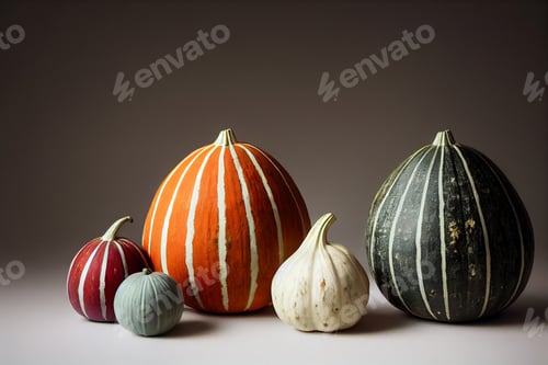 Preview: different gourd colours and shapes side by side on a studio minimal photoshoot, dark background