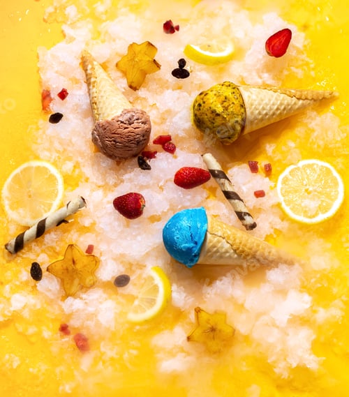 Preview: Colorful ice cream cones with fruits on a yellow background. Summer vibe.