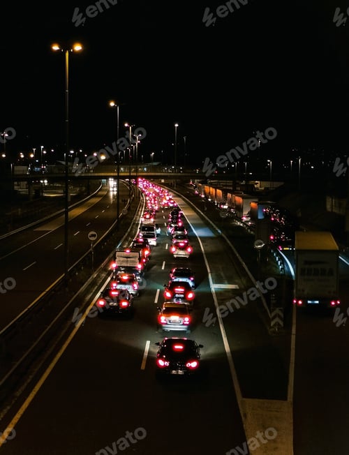 Preview: Night photo of traffic jam on motorway.