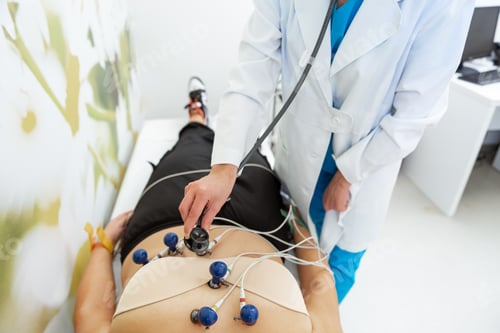 Preview: Serene moment during a comprehensive electrocardiogram test in a bright medical facility