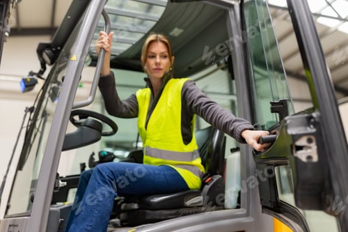 Preview: Female warehouse worker driving forklift. Warehouse worker preparing products for shipmennt