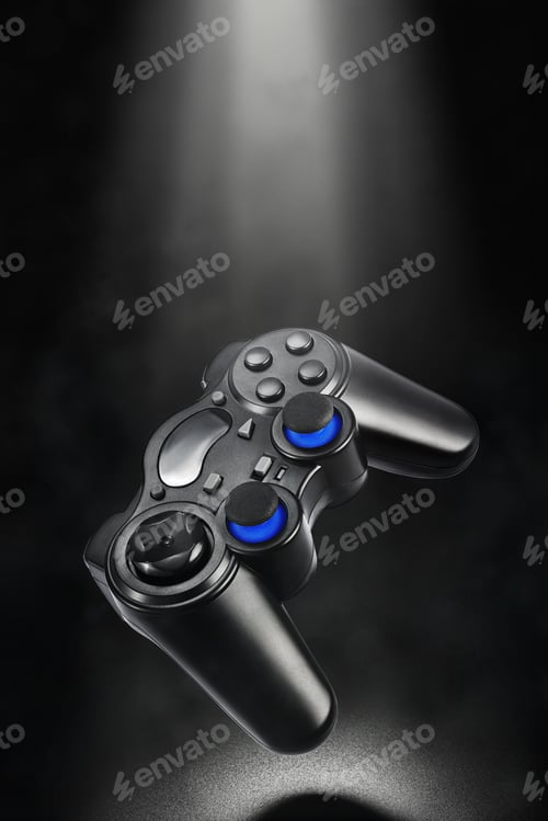 Preview: Black levitated wireless gamepad on dark background.