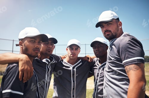 Preview: Shot of a group of young men huddled together at a baseball game