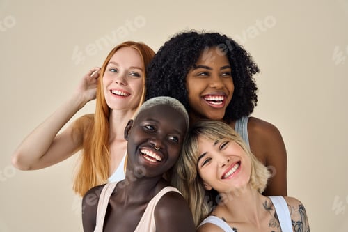 Preview: Happy positive diverse gen z girls wear underwear laughing, beauty portrait.