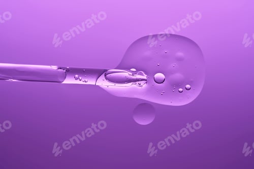 Preview: The texture of a serum with microneedles and a cosmetic pipette on a lilac background.