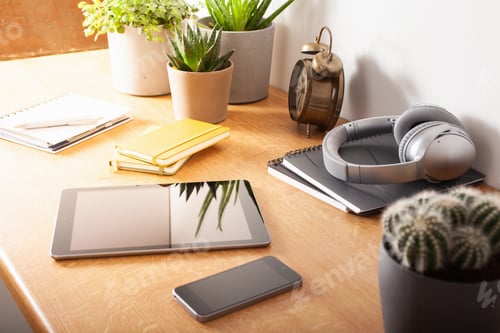 Preview: home office desk with tablet computer smartphone notebook houseplants, working space at home