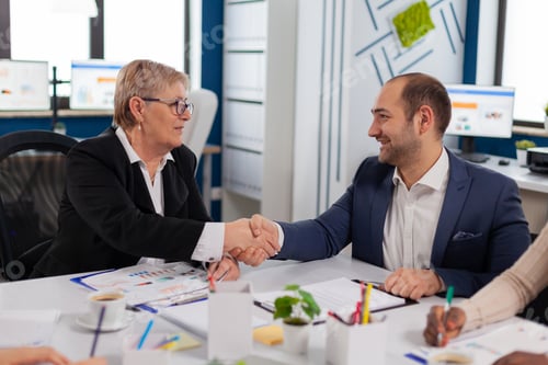 Preview: Consultant greeting international client with handshake after partnership