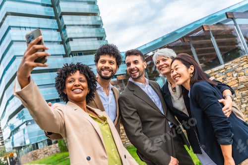 Preview: Multi-ethnic business team taking a selfie together in the city