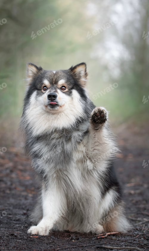 Preview: Portrait of a young Finnish Lapphund waving his paw and tounge is out