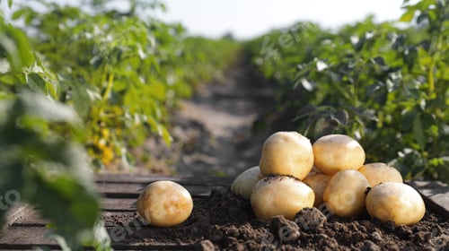 Preview: Pile of ripe potatoes on ground in field
