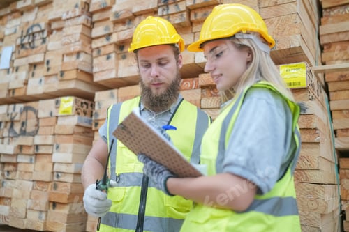 Preview: Woman with checklist in a timber and lumber warehouse. Product acceptance and quality control