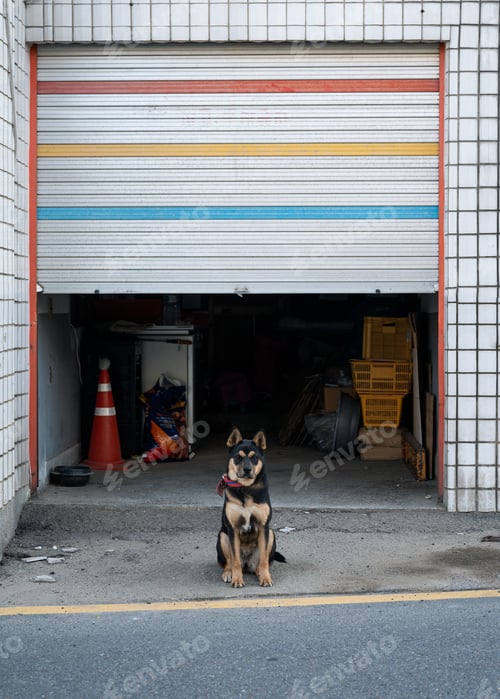 Preview: Young black dog guarding and watching the front door on road side in urban