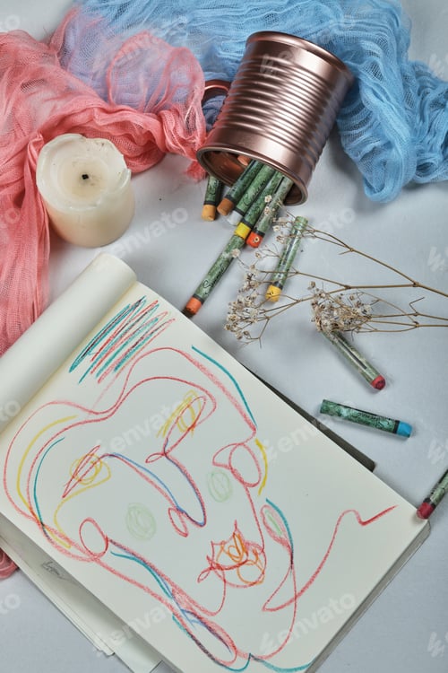 Preview: A drawing with candle, flower, crayons, can on the white background