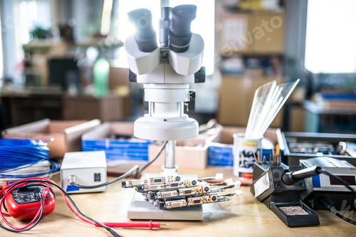 Preview: Modern microscope, electronic components in a scientific laboratory