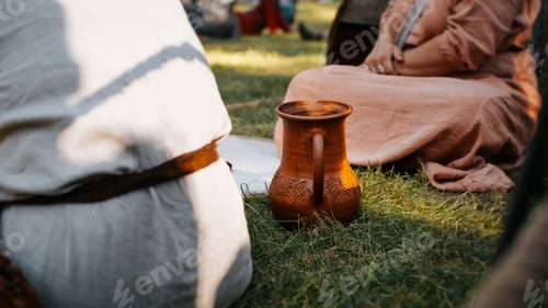 Preview: Rustic ceramic antique jug standing near people in ancient clothes on green grass outdoors.