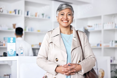 Preview: Pharmacy, store and woman customer in portrait for healthcare, medicine and happy services. Face of
