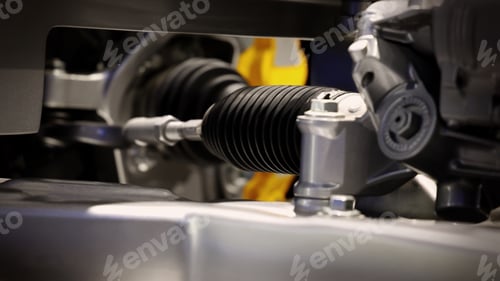 Preview: Car suspensions. Close up of a car suspension parts system such as CV joint Rubber boot and Control arms bushing Steering rack axles Shock absorber suspension Brake. Repair and spare parts for cars.