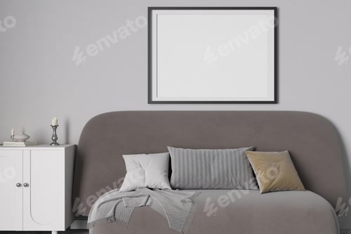 Preview: This interior setting showcases a stylish gray sofa adorned with decorative cushions