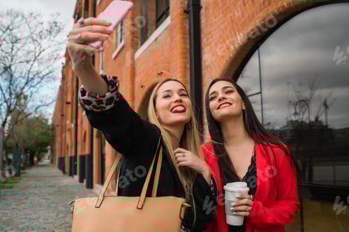 Preview: Two young friends taking a selfie with mobile phone.