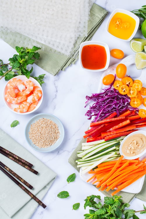 Preview: Spring rolls preparation with rice paper, shrimp and vegetable
