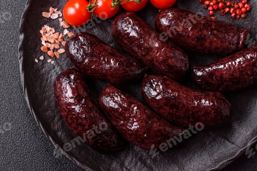 Preview: Blood sausage, pudding, meat food with lard and spices. Blood sausage