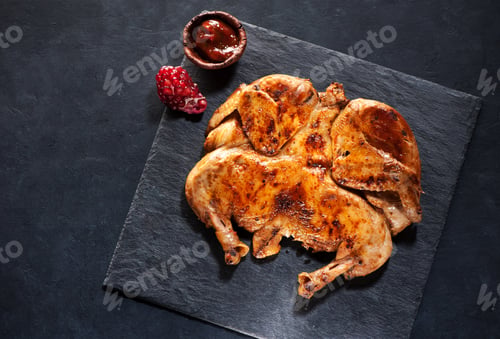 Preview: Grilled fried roast Chicken Tabaka on a black chalkboard