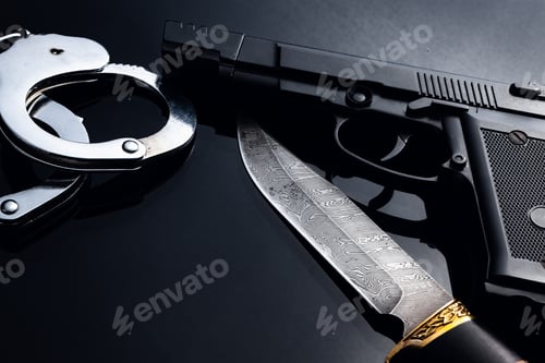 Preview: Gun, knife and handcuffs on black background