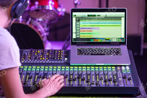 Preview: Digital mixer in a recording Studio , with a computer for recording music.