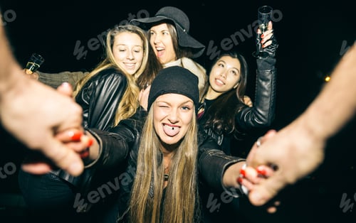 Preview: Four girls making party outdoor in the night
