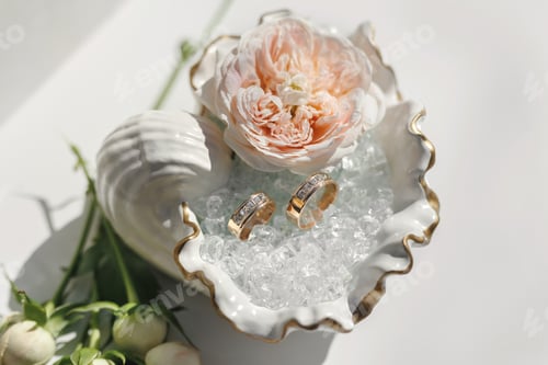 Preview: Wedding rings in a shell-shaped box at a wedding exit ceremony.