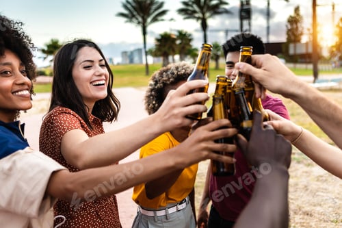 Preview: Group of diverse young friends drinking beer and having fun together on summer