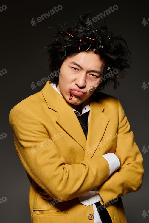 Preview: Creative expression in spring fashion featuring a stylish Asian man in a studio