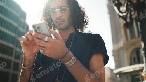 Preview: Attractive italian guy is using mobile phone at old buildings background