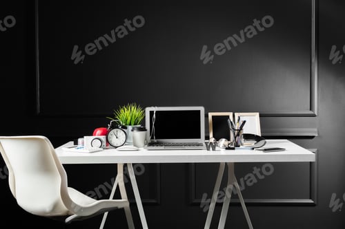 Preview: Office leather desk table with computer, supplies