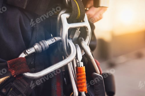Preview: Equipment of industrial mountaineer laborer on roof of building during industry high-rise work