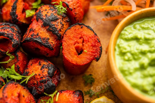 Preview: Tandoori Soya Chaap or soy chap dish prepared by marinating in tandoori spices, closeup view