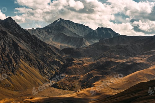 Preview: Panoramic view of the autumn mountains. Landscape with views of mountain valleys