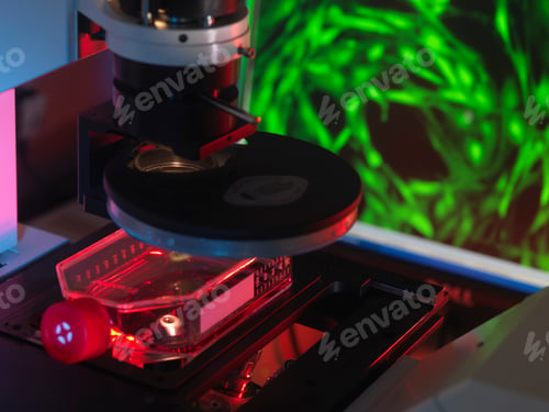 Preview: Inverted microscope viewing stem cells in flask with display of a fluorescent labeled cells