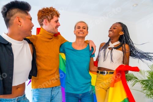Preview: LGBT pride, lgbt rainbow flag, group of friends dancing and having fun in a house at the party